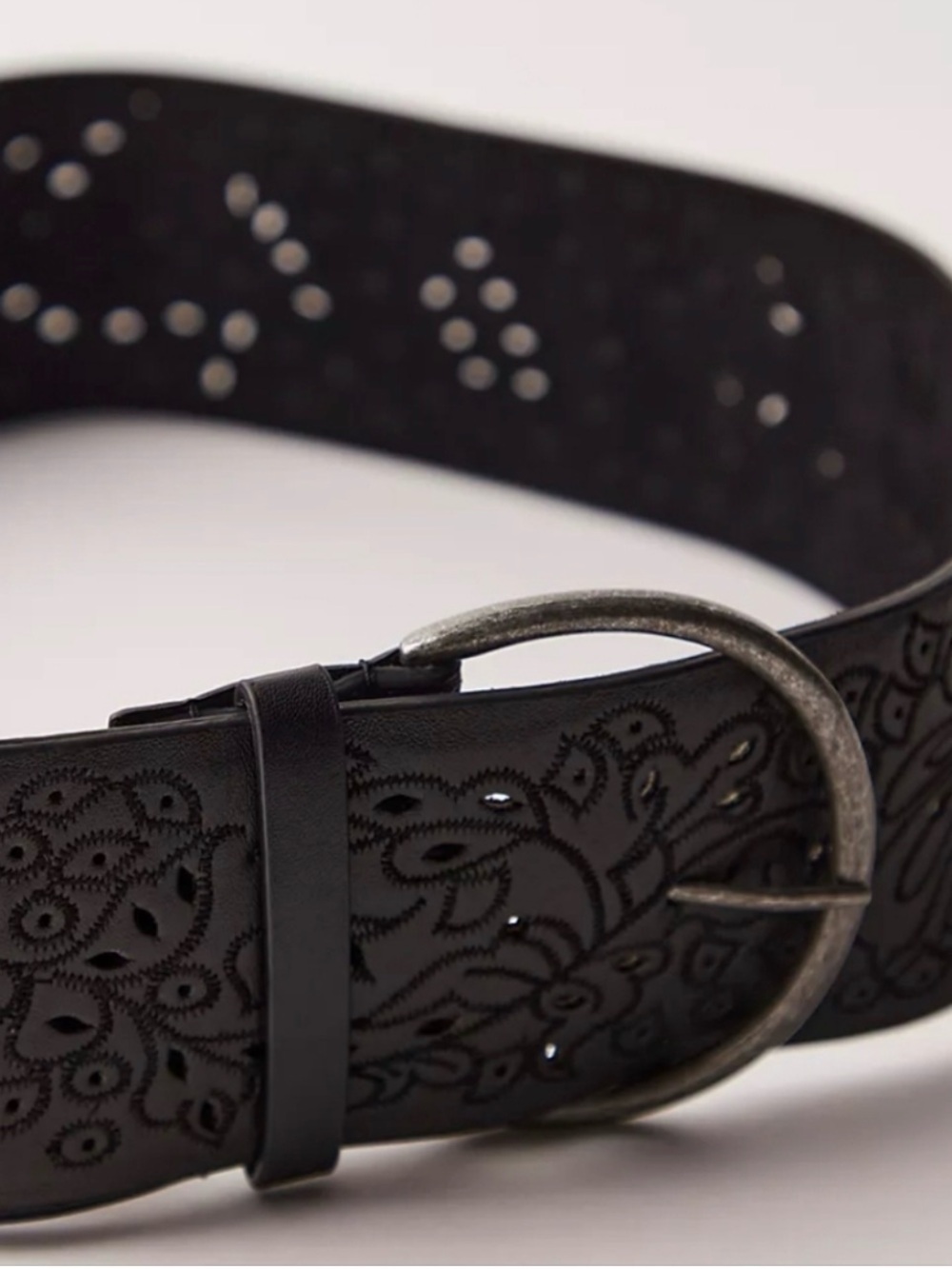 Free People Black Embossed Leather Belt with Distressed Metal Buckle